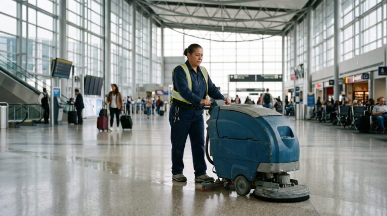 A janitorial worker cleaning an airport terminal floor with a floor scrubber