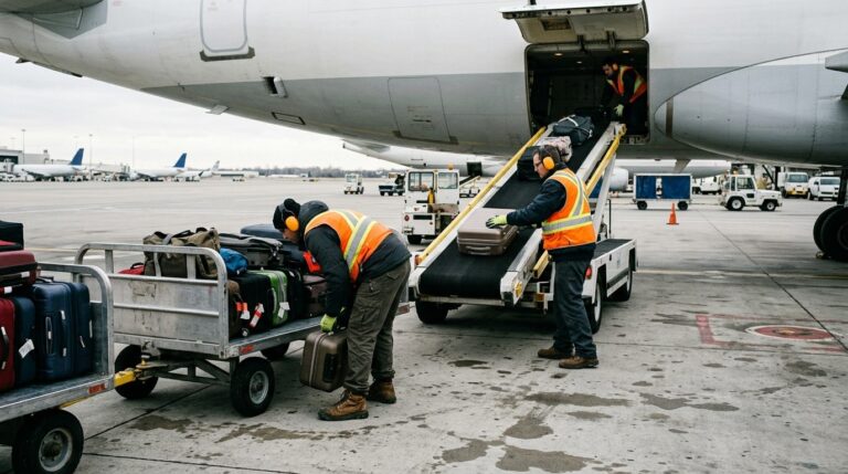 Airport ground crew loading luggage next to an aircraft