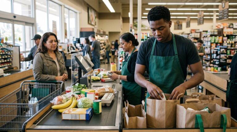 A grocery clerk bagging groceries at the checkout of an American supermarket