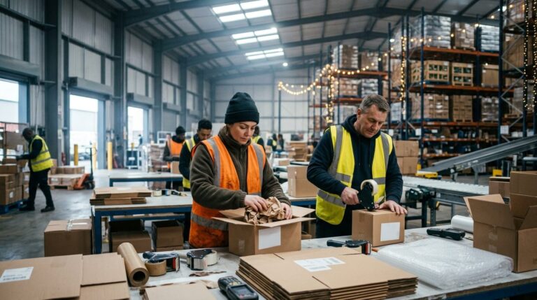 Saisonkräfte packen Pakete in einem großen Logistikzentrum im Winter