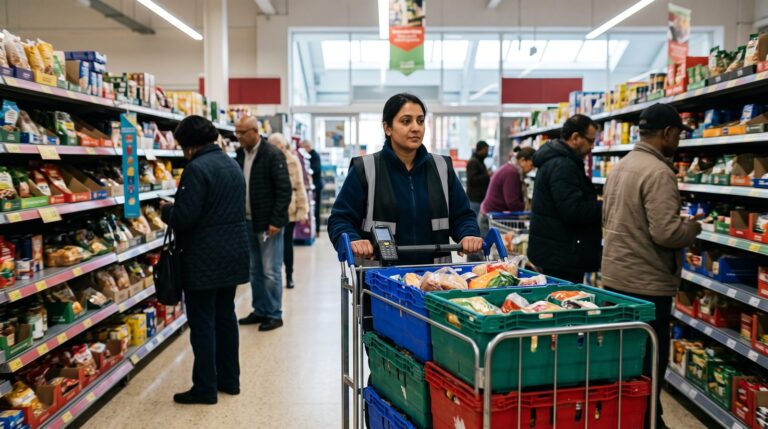 An online grocery picker pushing a trolley of plastic crates through a British supermarket