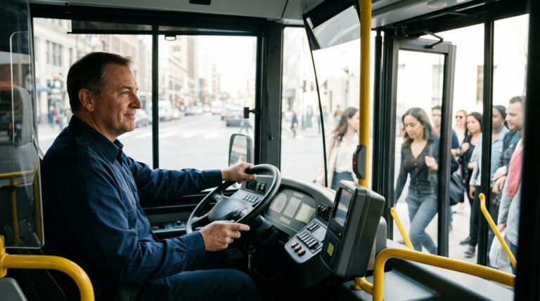 Busfahrer am Steuer eines modernen Linienbusses