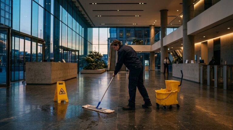 Cleaner mopping the floor of a modern office lobby