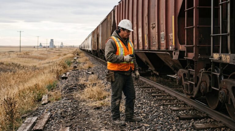 A rail yard worker in high-visibility gear next to a long freight train in the Canadian prairies