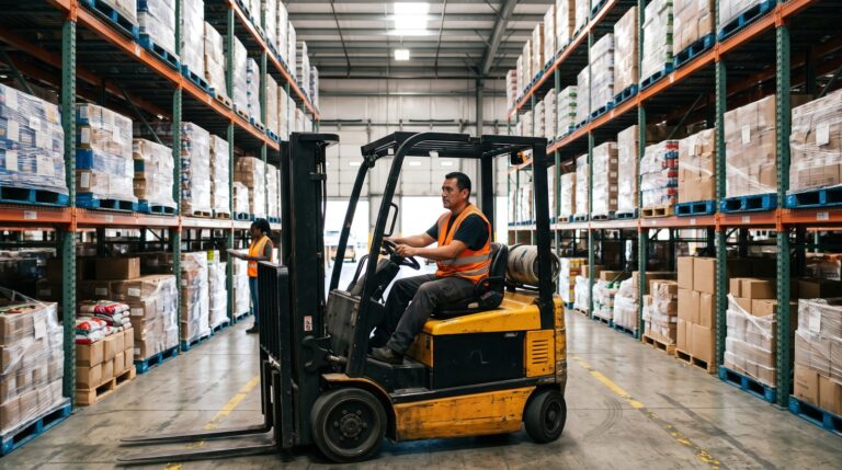 A worker driving a forklift between tall racks of bulk goods in a warehouse club