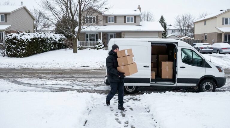 Delivery driver carrying parcels from a van on a snowy residential street