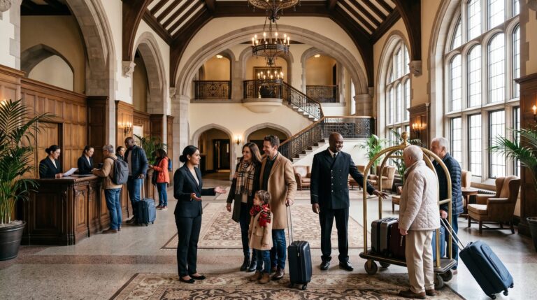 Hotel staff welcoming guests in the grand lobby of a historic Canadian château-style hotel