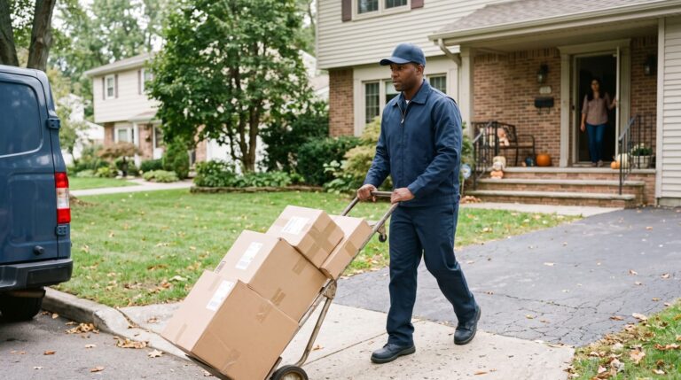 A courier with a hand truck delivering parcels to a suburban American home
