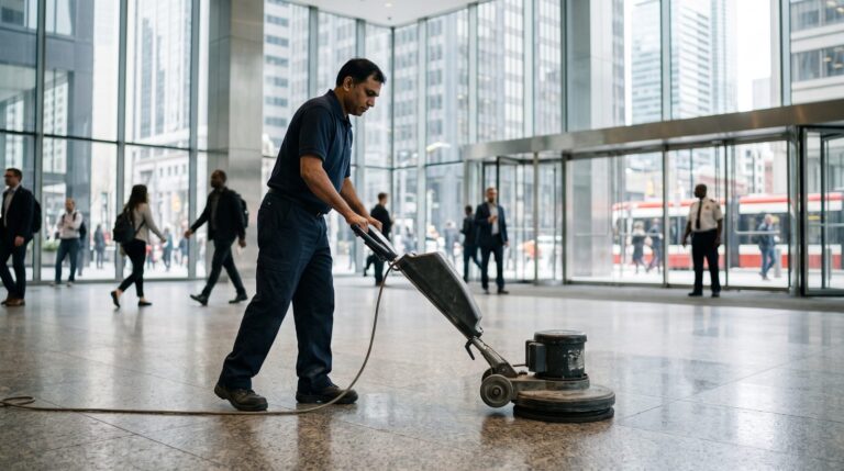 A cleaner polishing the floor of an office building lobby in Toronto