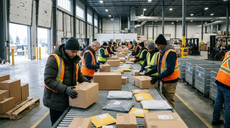 Seasonal workers sorting parcels on a conveyor in a distribution centre in winter