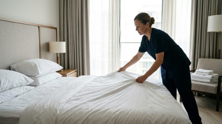 Mitarbeiterin im Housekeeping bezieht ein Bett in einem Hotelzimmer