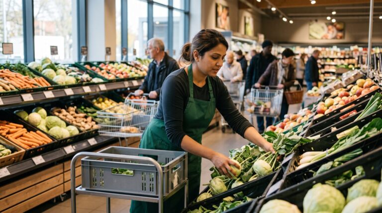 Mitarbeiterin sortiert Obst und Gemüse in einem Supermarkt