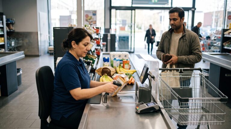 Kassiererin bedient einen Kunden an der Kasse eines Discounters