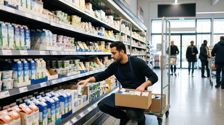 Mitarbeiter füllt das Kühlregal in einem Supermarkt auf