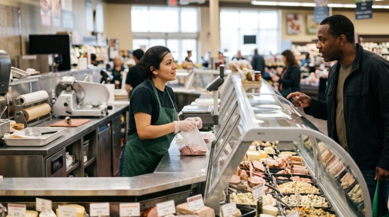 A grocery clerk serving a customer at the deli counter of an American supermarket