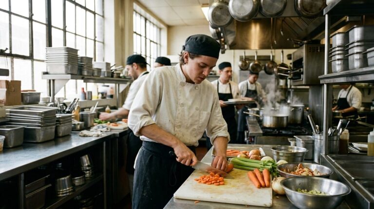 Küchenhilfe schneidet Gemüse in einer Restaurantküche