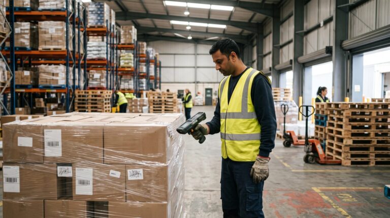 A warehouse operative working among pallets in a British distribution centre