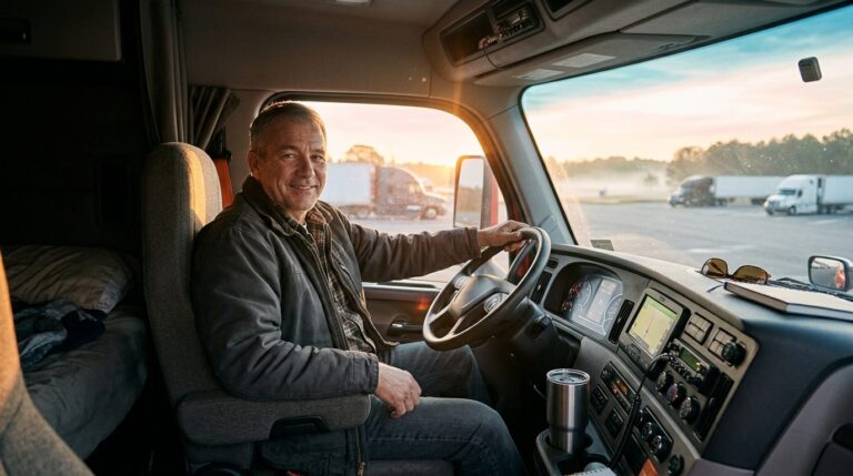 Lkw-Fahrer im Führerhaus eines modernen Lastwagens bei Sonnenaufgang