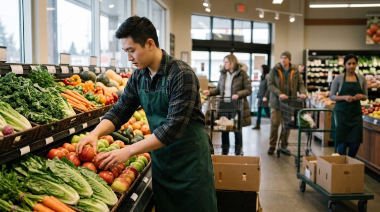 A grocery store employee arranging fresh produce in a Canadian supermarket