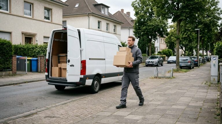 Paketzusteller trägt Pakete aus einem Transporter in einer Wohnstraße
