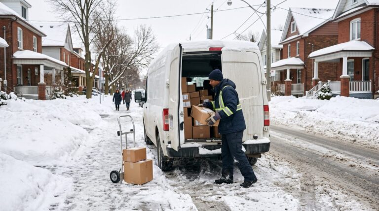 A courier unloading parcels from a plain delivery van on a snowy Canadian street