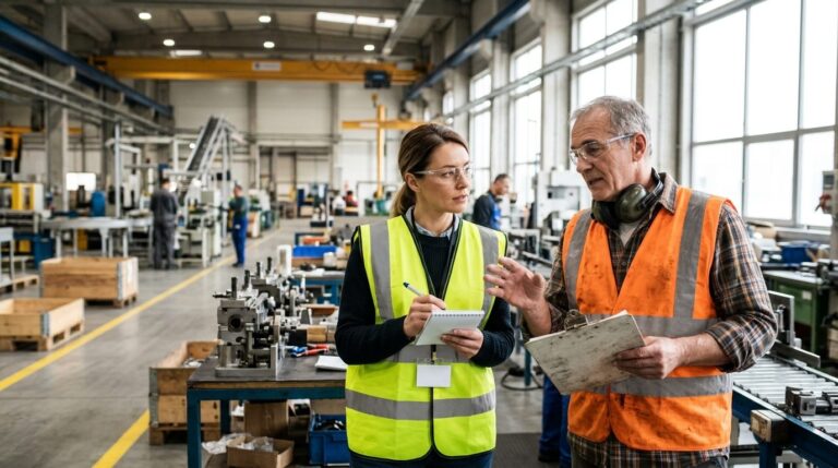 Quereinsteiger bekommt am ersten Arbeitstag eine Einweisung in einer Werkshalle