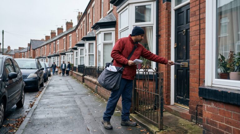 A postal worker delivering letters on a British street of terraced houses