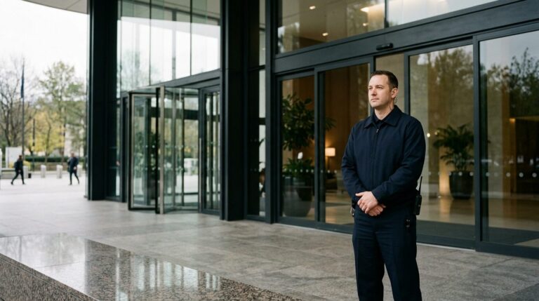 Security guard at the entrance of a modern office building