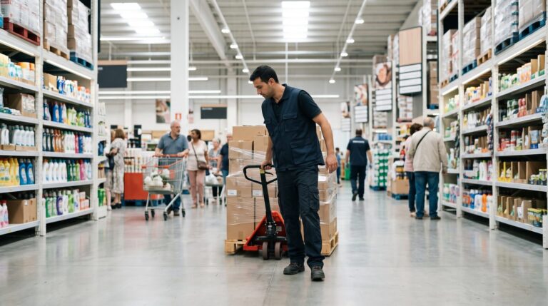 Empleado moviendo un palé por el pasillo de un hipermercado