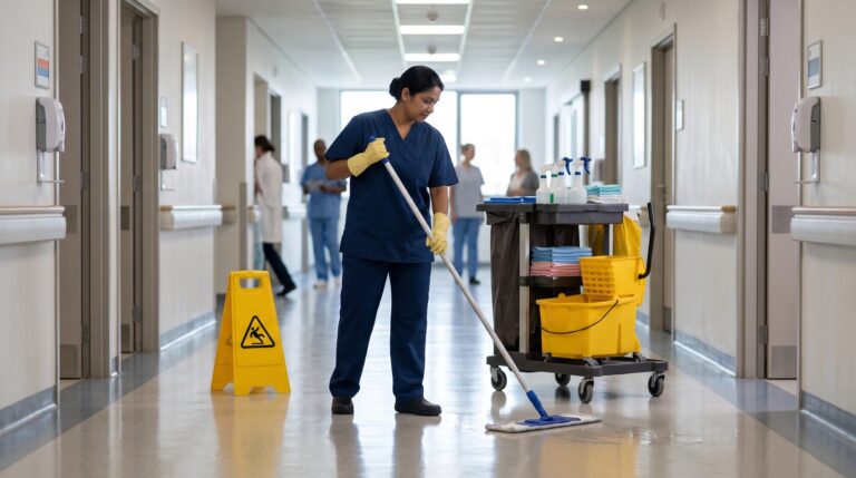 Profesional de limpieza fregando el pasillo de un hospital