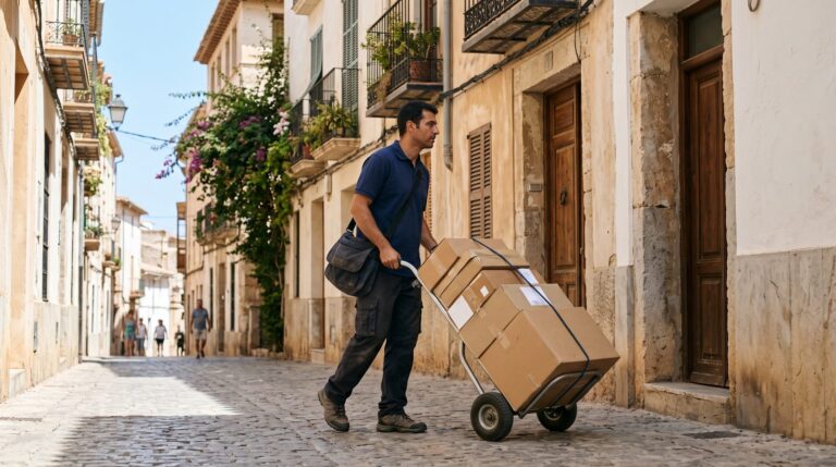 Repartidor con una carretilla de paquetes en una calle de un pueblo español