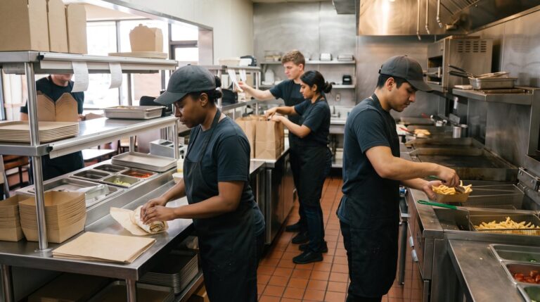 Equipo de cocina preparando pedidos en un restaurante de comida rápida