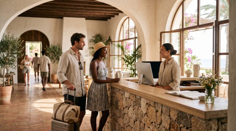 Recepcionista atendiendo a unos huéspedes en el vestíbulo de un hotel
