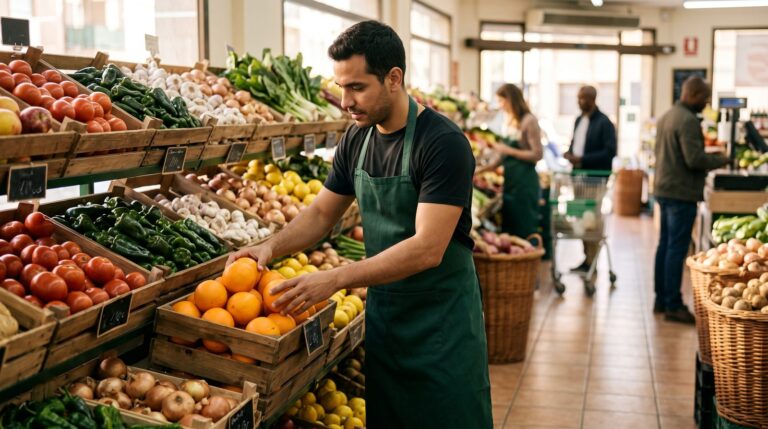 Empleado colocando fruta y verdura en la sección de frescos de un supermercado