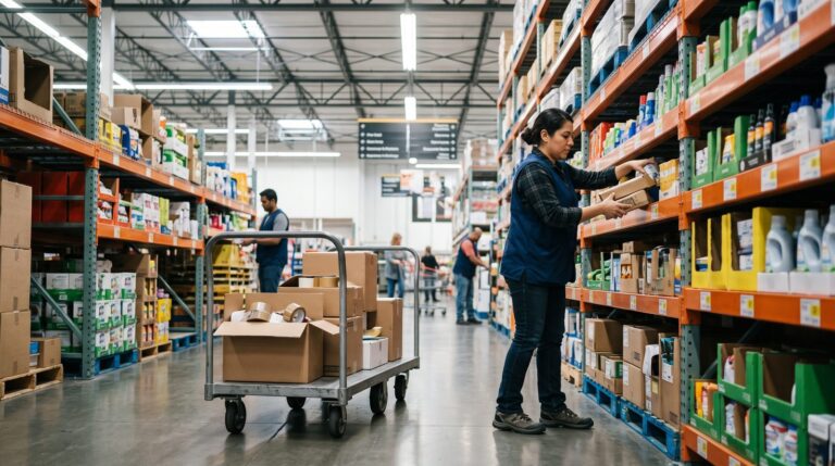A store associate stocking shelves in a big-box retail store aisle in the United States